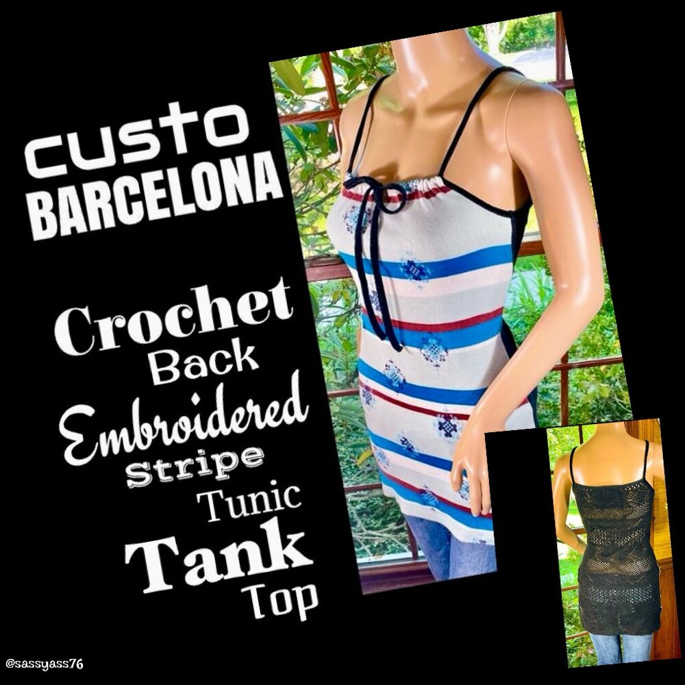 ▪️CUSTO BARCELONA▪️RARE Tunic Stripe Embroidered &  Crochet Back Tank Top